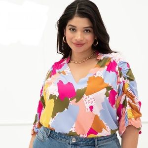 Eloquii Elements Abstract Multicolor Ruched Sleeve Blouse Size 18